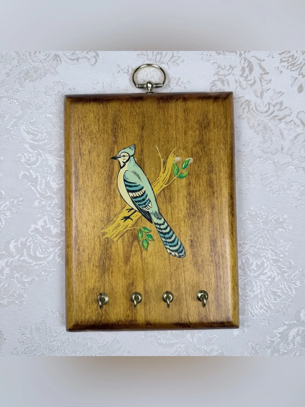 Vintage Wooden Bird Decal Key Rack, Hooks, 5.5x7.5”